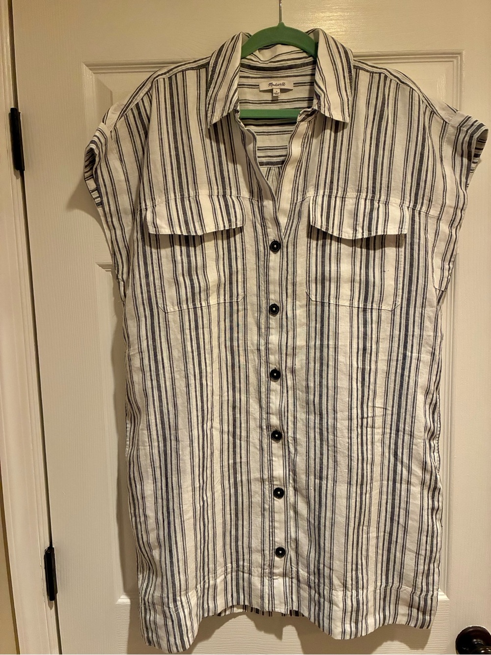 Madewell Striped Button-Front Linen Shirt Dress in Navy and White
